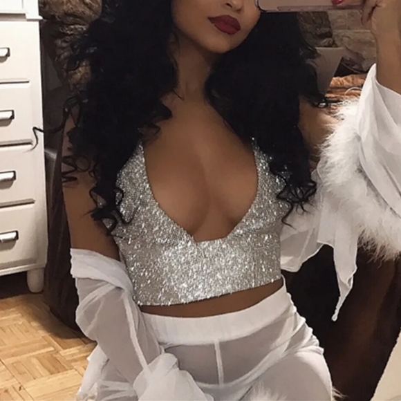 Rhinestone silver mesh halter top - Picture 3 of 9